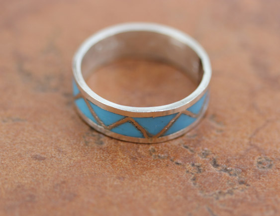 Navajo Silver Turquoise Wedding Ring Size 7 1/2