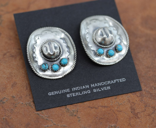 Navajo Silver Cowboy Hat Turquoise Earrings