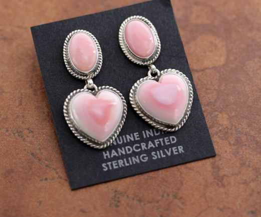 Navajo Silver Pink Quartz Heart Earrings