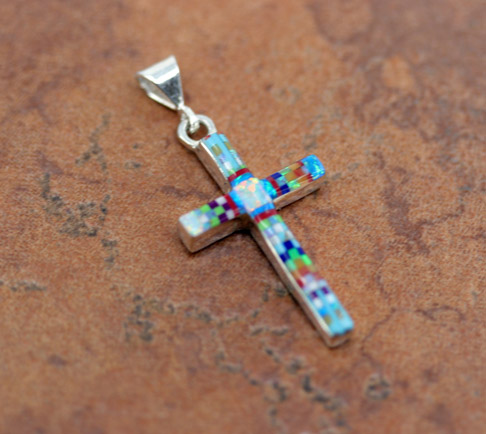 Sterling Multi_Stone Mosaic Cross Pendant