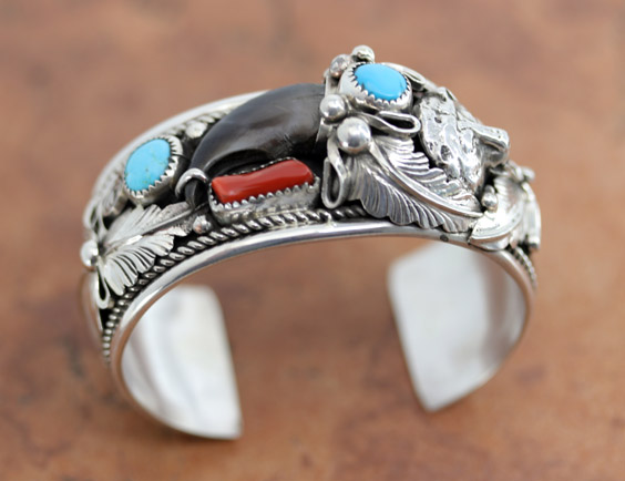 Navajo Turquoise Coral Bear Claw Bracelet