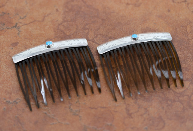 Navajo Silver Turquoise Hair Barrette Comb Set of 2