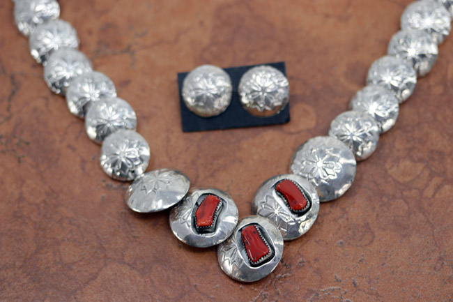 Navajo Silver Coral Necklace Earrings Set