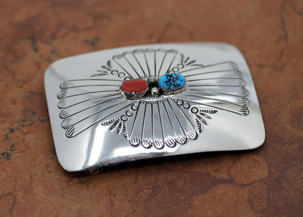 Navajo Silver Turquoise Coral Belt Buckle