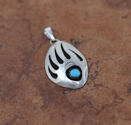 Navajo Silver Turquoise Bear Paw Pendant