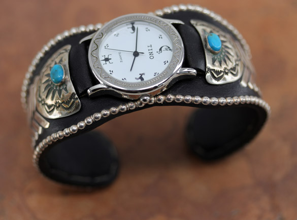 Navajo Leather Turquoise Mens Watch Bracelet