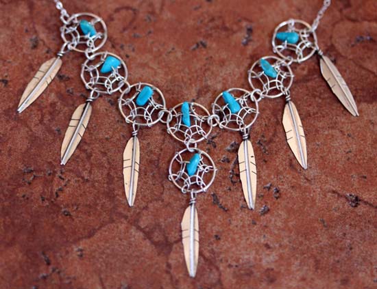 Navajo Silver Turquoise Dream Catcher Necklace