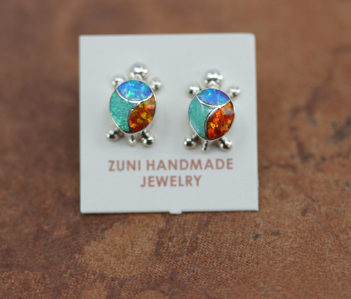 Zuni Sterling Created Opal Turtle Earrings