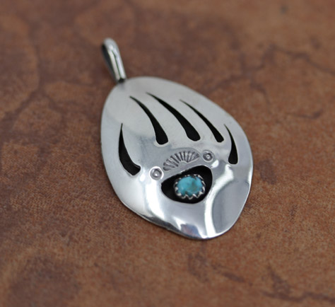 Navajo Silver Turquoise Bear Paw Pendant