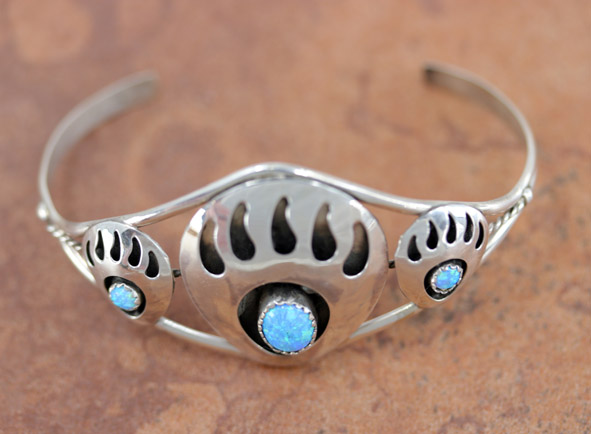 Navajo Sterling Silver Created Opal Bear Paw Bracelet