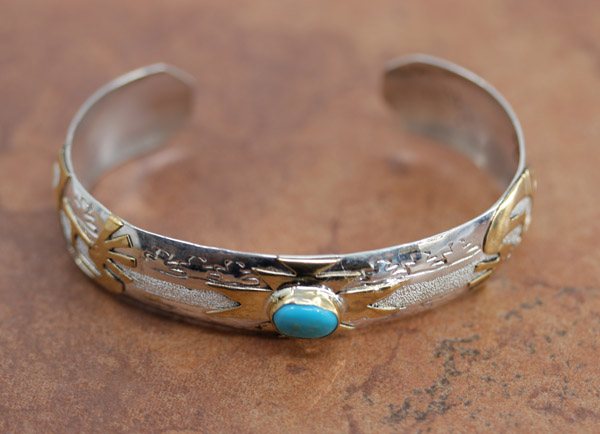 Navajo Sterling Gold Turquoise Kokopelli Bracelet