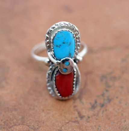 Zuni Silver Turquoise Coral Ring Size 9 1/2