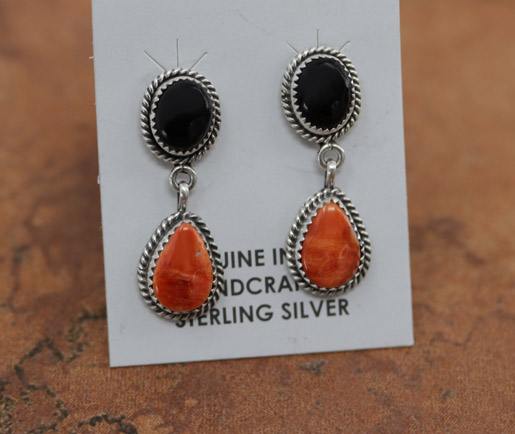 Navajo Silver Onyx Spiny Oyster Earrings