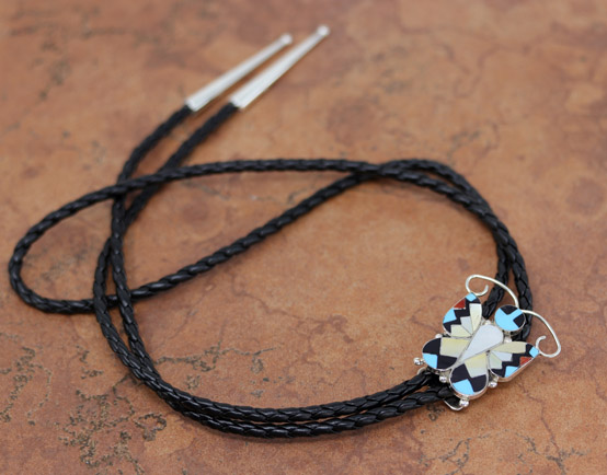 Zuni Multi_Stone Silver Butterfly Bolo Tie