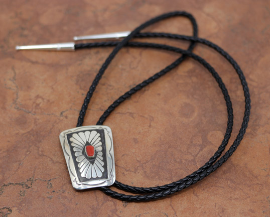 Navajo Silver Coral Bolo Tie