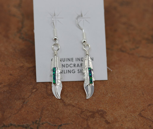 Navajo Silver Created Opal Feather Earrings