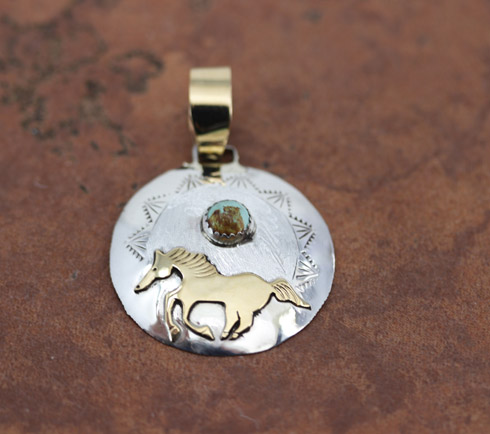 Navajo Sterling Silver Gold Turquoise Horse Pendant