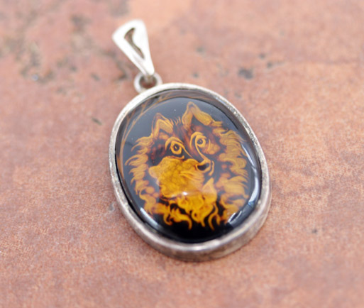 Sterling Baltic Amber Cameo Wolf Pendant