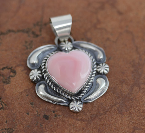 Navajo Sterling Silver Pink Conch Heart Pendant