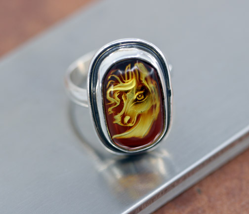 Sterling Baltic Amber Cameo Horse Ring Size 8_10