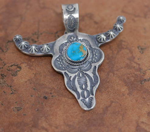 Navajo Silver Turquoise Bull Head Pendant