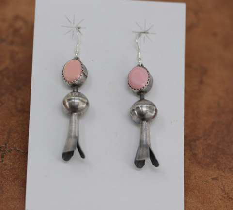 Navajo Silver Pink Quartz Squash Blossom Earrings