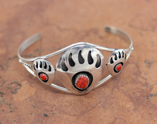 Navajo Sterling Created Opal Bear Paw Bracelet