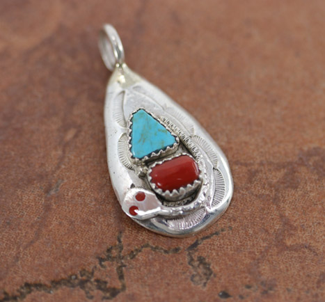 Zuni Silver Coral Turquoise Pendant by Effie C