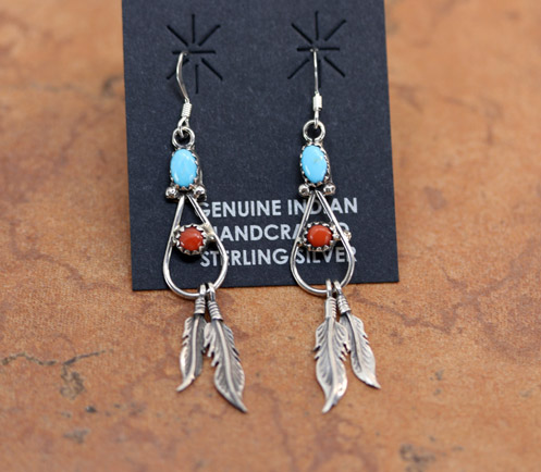 Navajo Silver Turquoise Coral Earrings