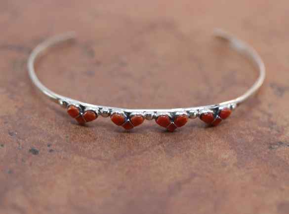 Zuni Sterling Silver Coral Heart Bracelet