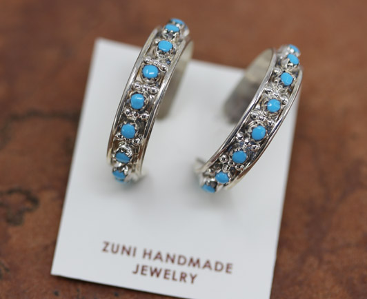 Zuni Silver Turquoise Hoop Earrings