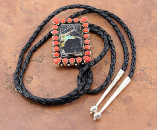 Navajo Silver Coral Blackjack Turquoise Bolo Tie