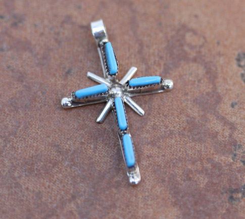 Zuni Sterling Turquoise Cross Pendant