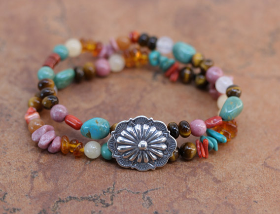 Navajo Silver Nugget Beaded Concho Bracelet