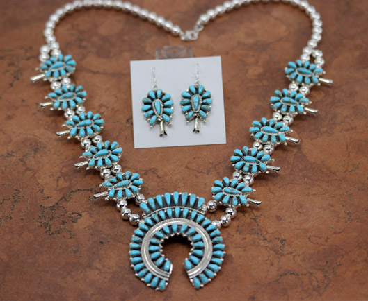 Navajo Turquoise Squash Blossom Cluster Necklace Set