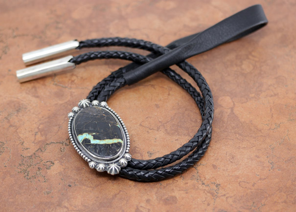 Navajo Silver Blackjack Turquoise Bolo Tie