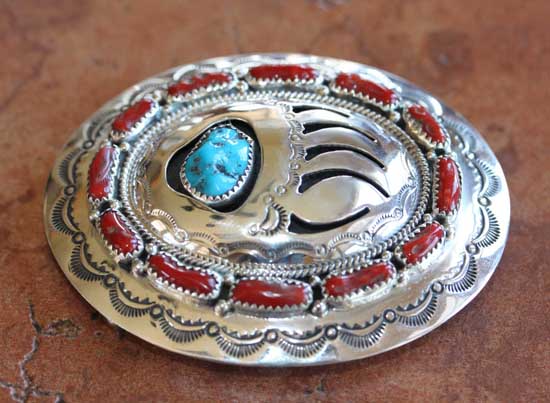 Navajo Silver Turquoise Coral Bear Paw Belt Buckle