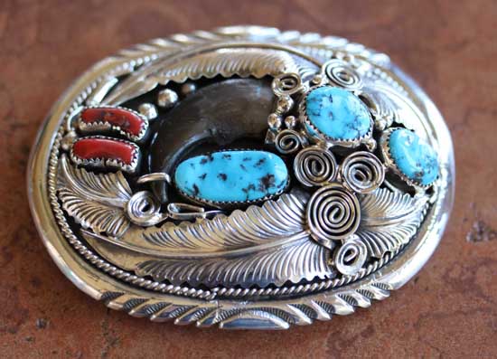 Navajo Turquoise Coral Belt Buckle by M Thomas Jr