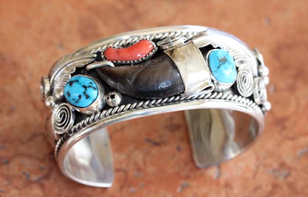 Navajo Turquoise Coral Bear Claw Bracelet